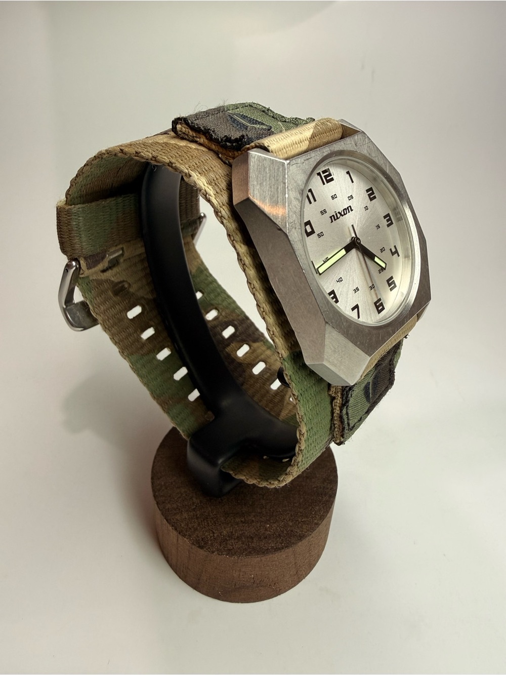 Nixon Silver Case Watch with Green Camo Nylon Band